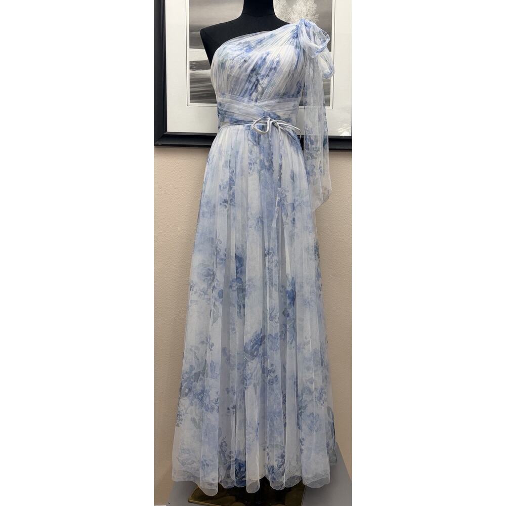 Marchesa Notte Blue Floral Dress One Shoulder Chiffon Bridesmaid Gown Sz 4 - Picture 2 of 13